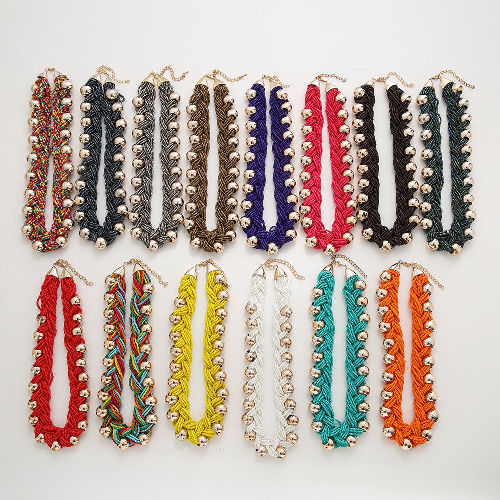 European and American retro exaggerated seed bead twisted braid with round bead necklace hand-woven clavicle chain