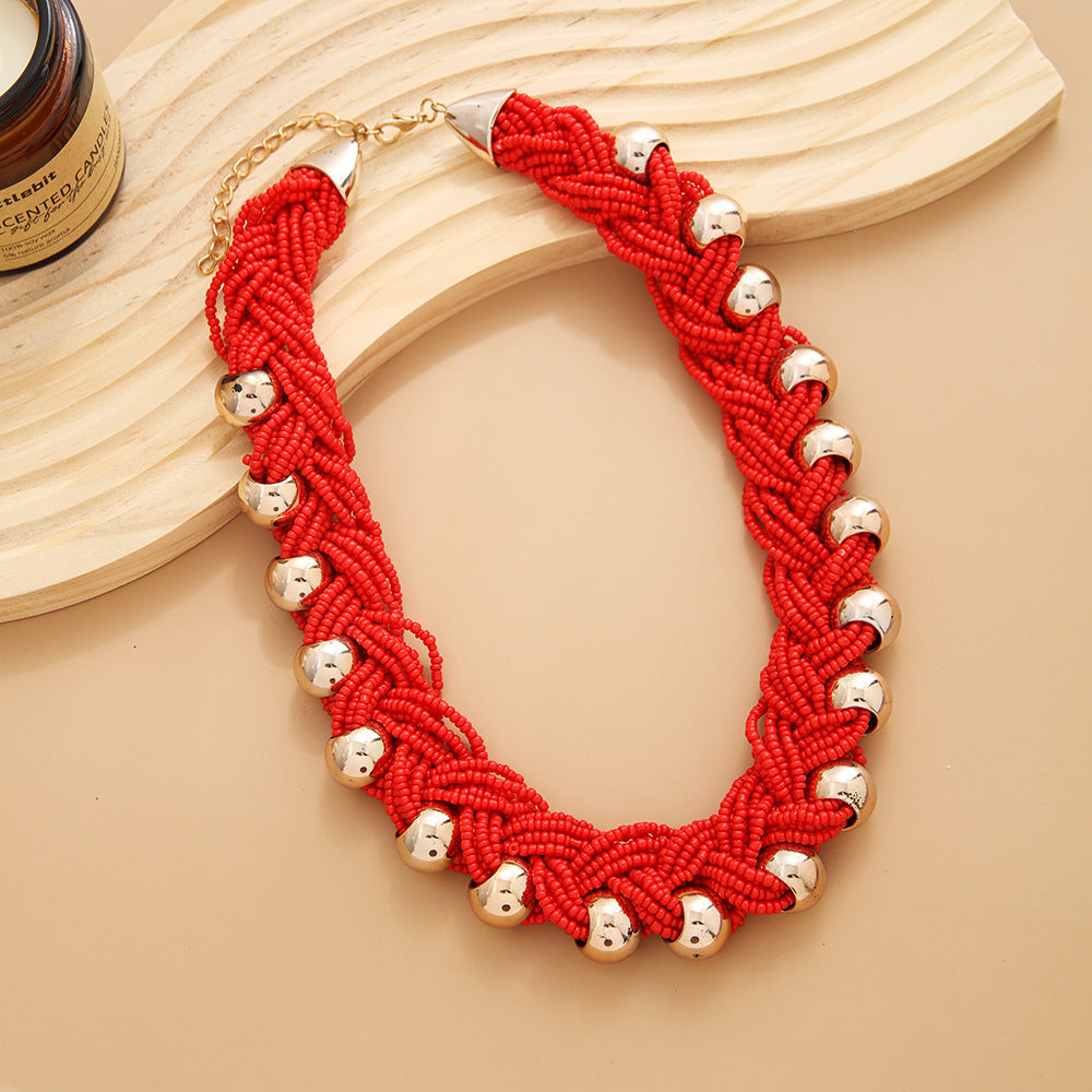 European and American retro exaggerated seed bead twisted braid with round bead necklace hand-woven clavicle chain