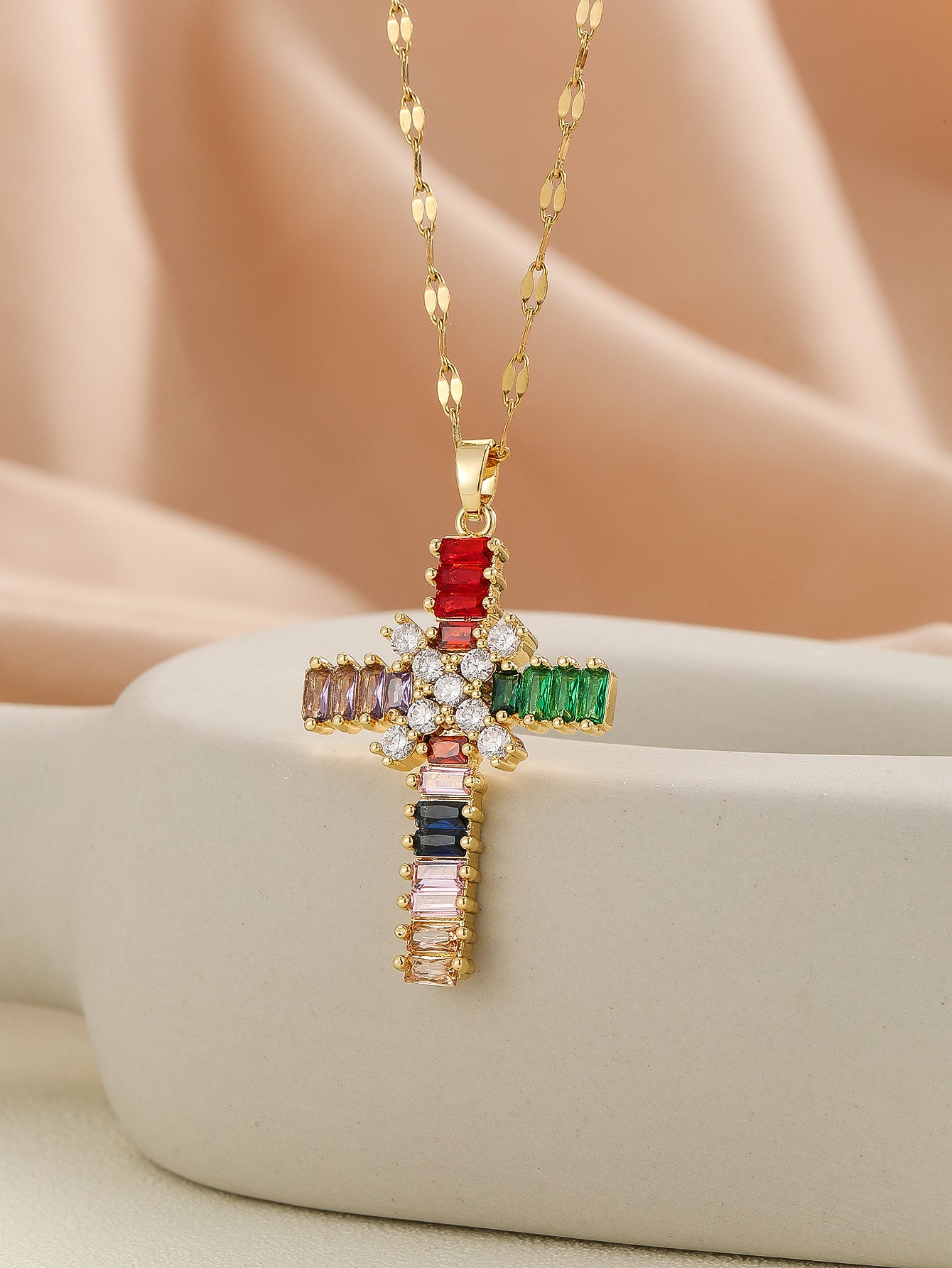 European and American style pendant Middle Eastern style unique design micro-painted colored zircon lip chain cross necklace