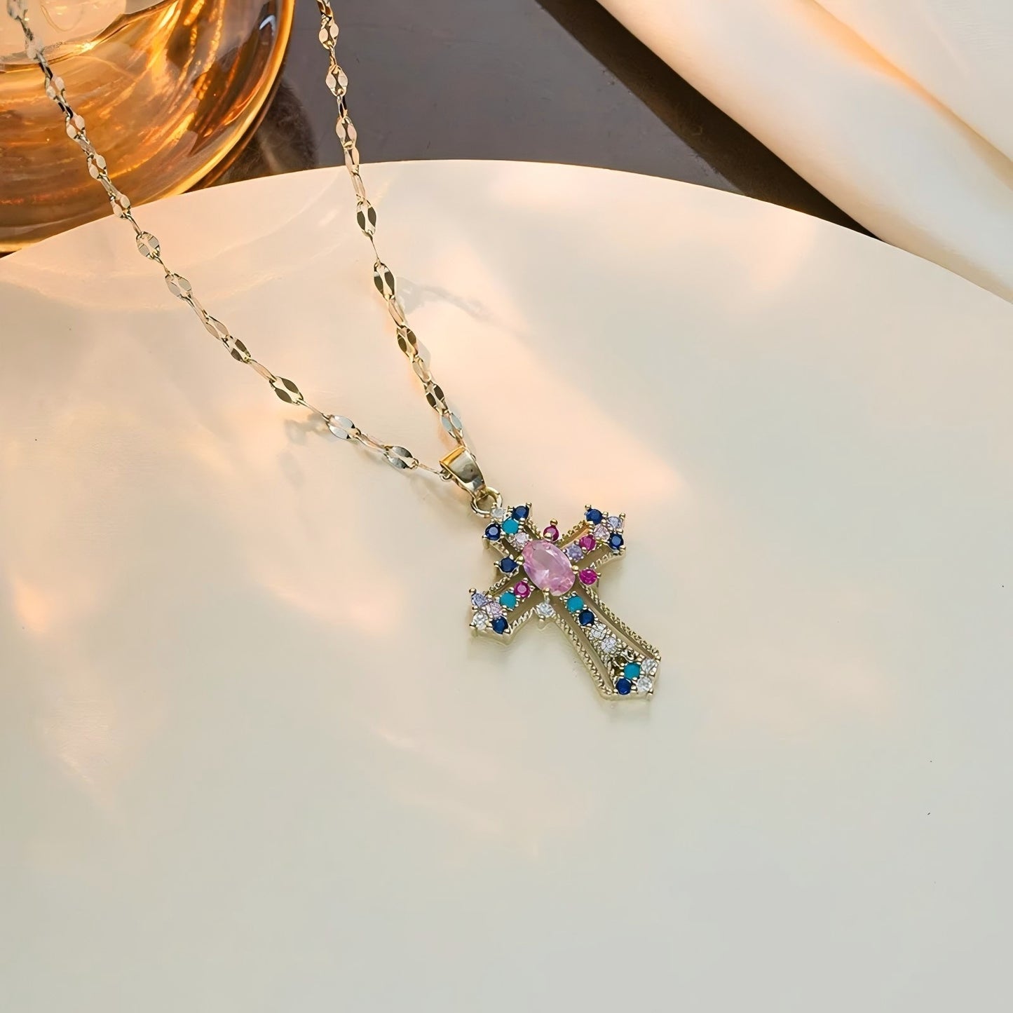 European and American style pendant Middle Eastern style unique design micro-painted colored zircon lip chain cross necklace