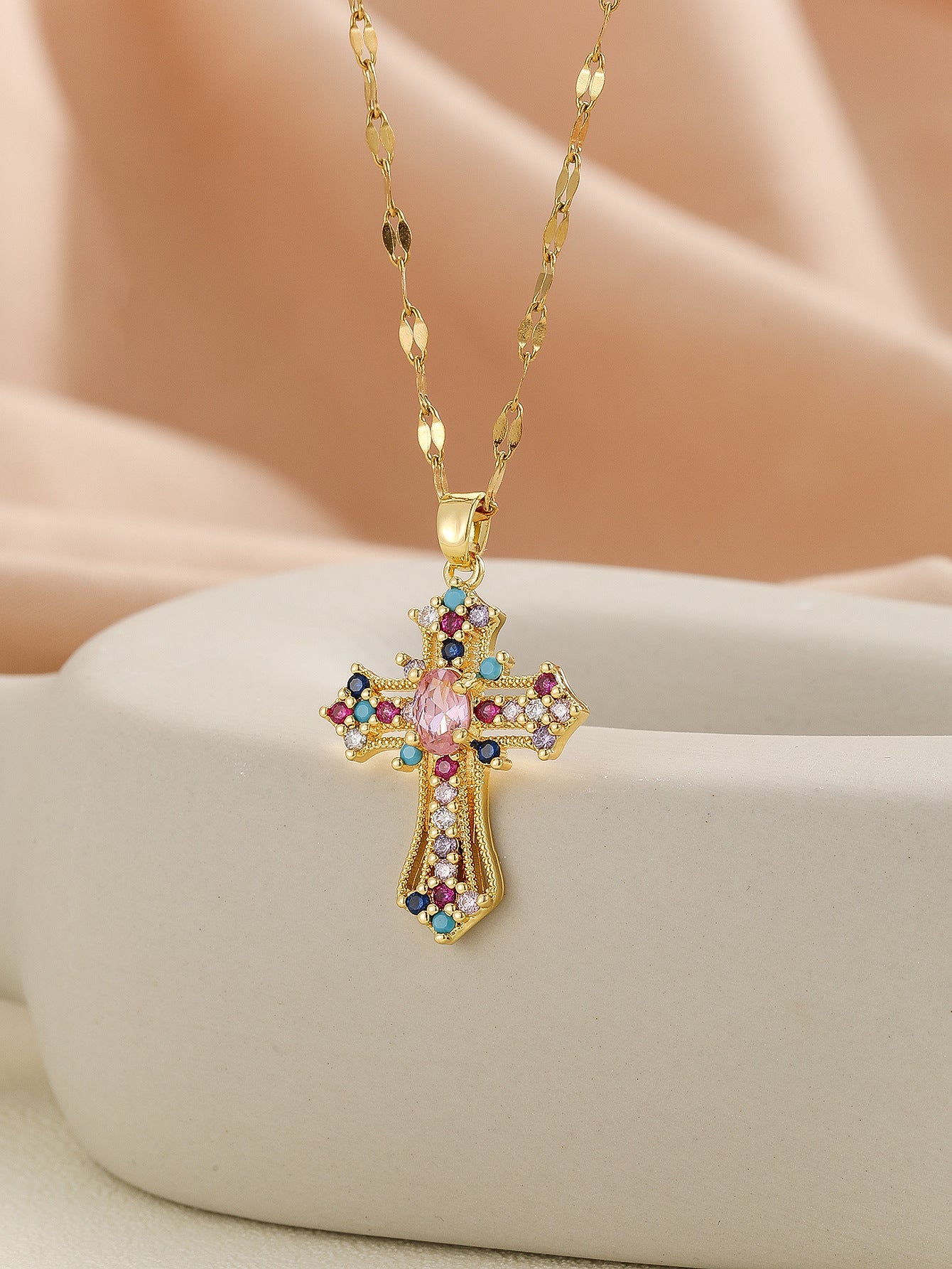 European and American style pendant Middle Eastern style unique design micro-painted colored zircon lip chain cross necklace